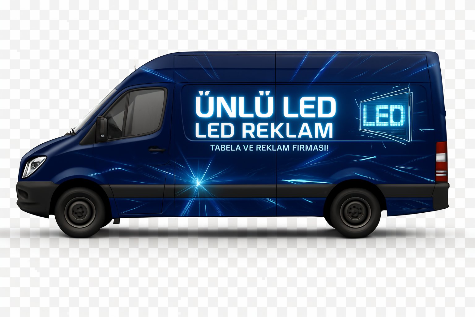 dark blue advertising van wrap with LED design elements
