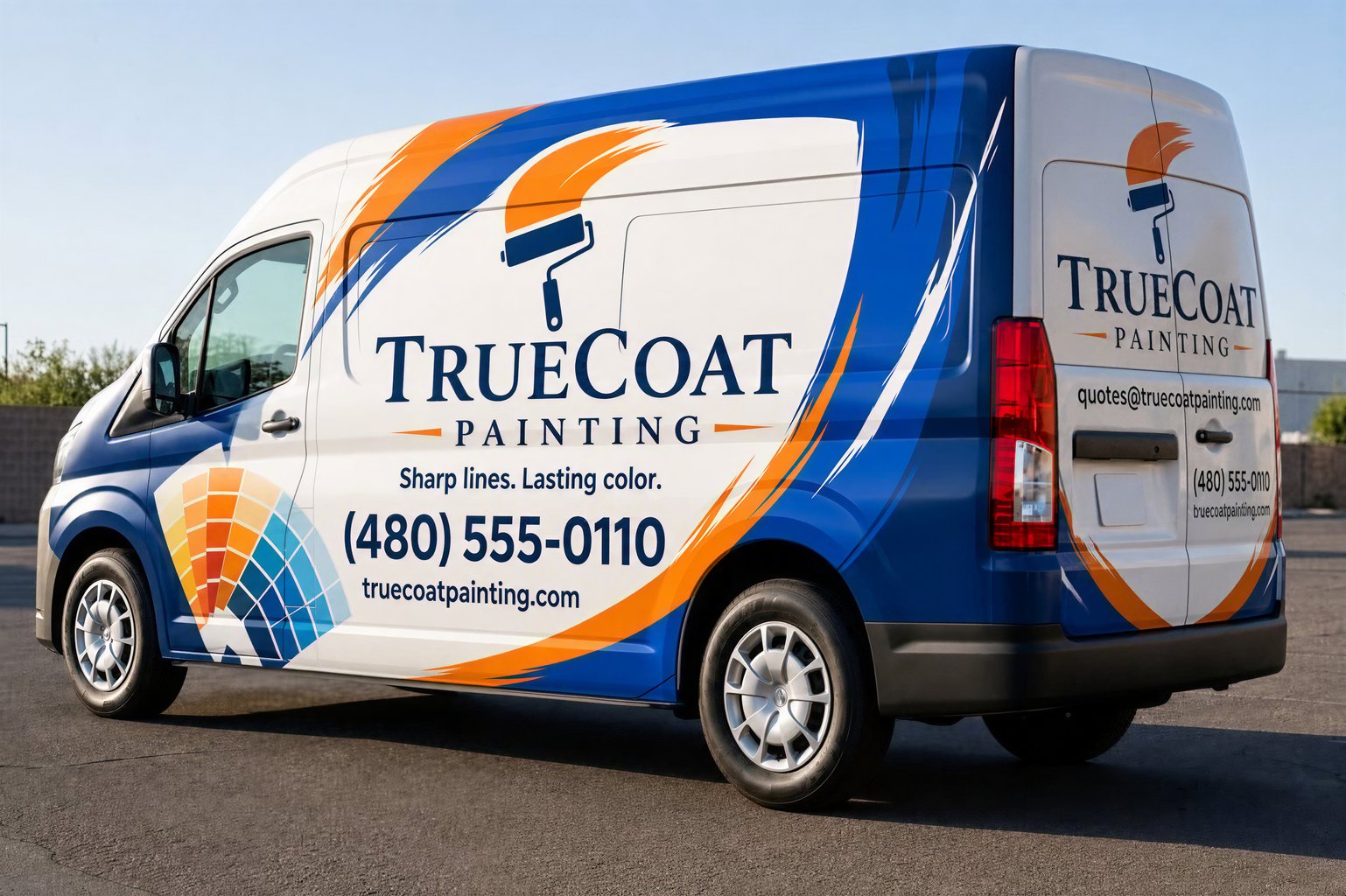 Professional painting van wrap with clean colorful accents