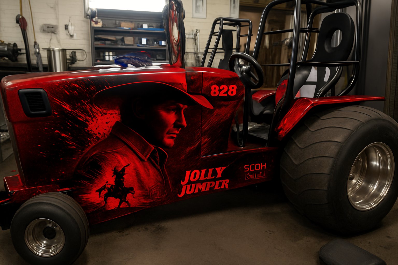 bold red tractor wrap with cowboy silhouette design