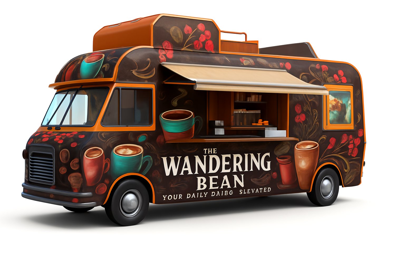 Vintage coffee truck wrap in warm earthy tones with artistic mugs