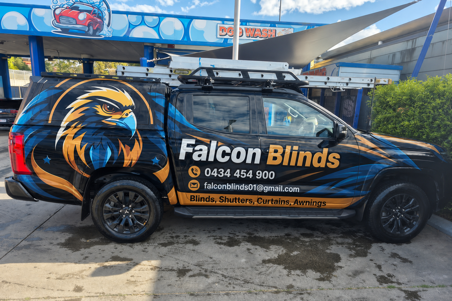 sleek ute wrap for blinds and shutters with bold falcon design