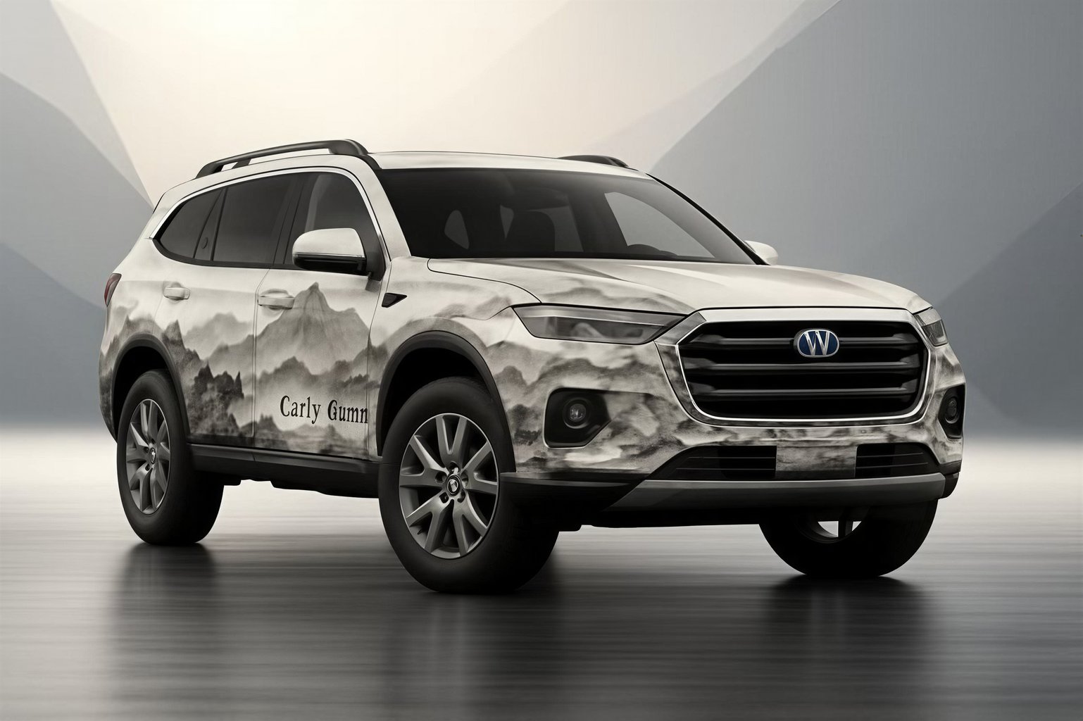 sleek SUV with black-and-white mountain landscape wrap