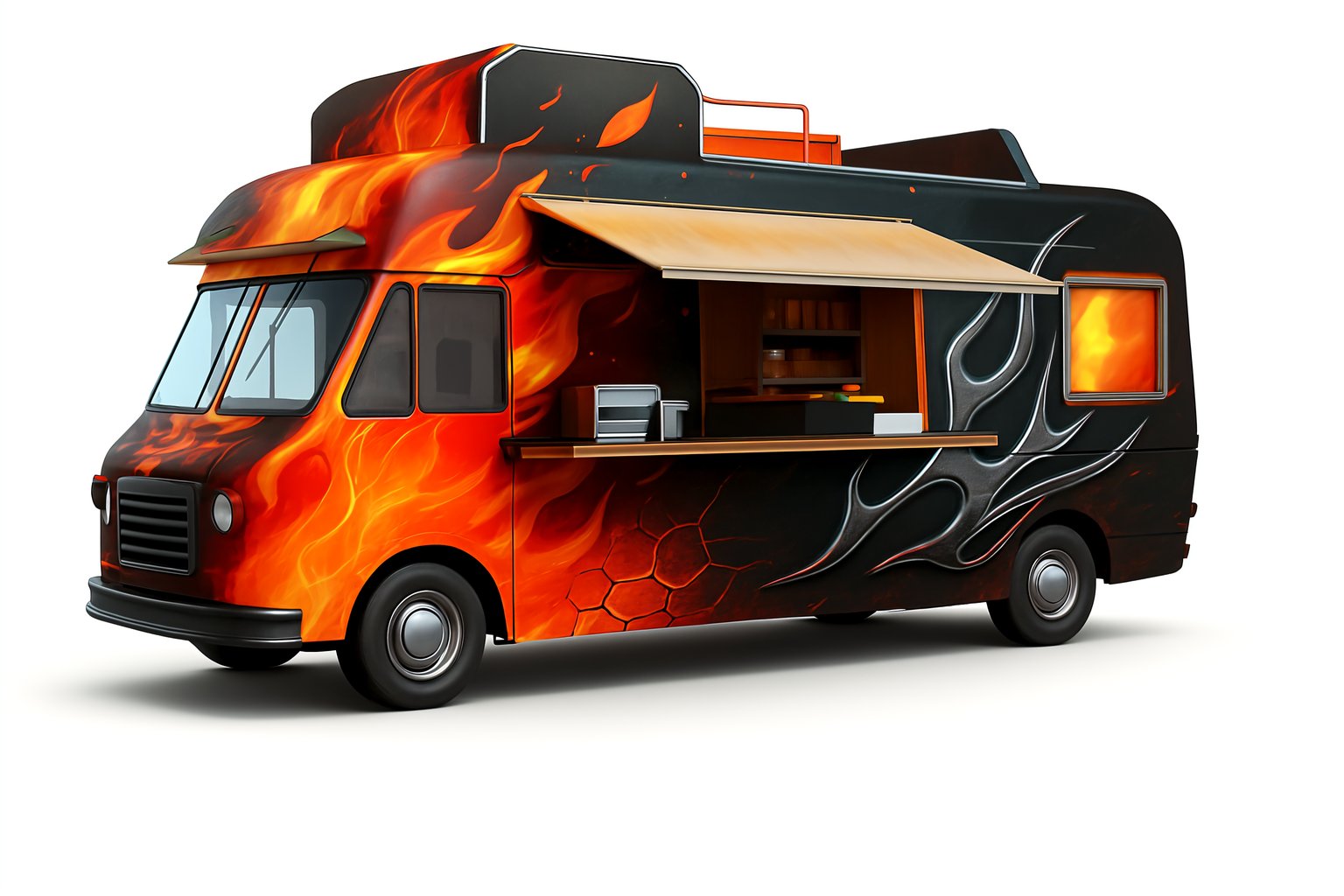 Food truck with fiery flame design and black accents