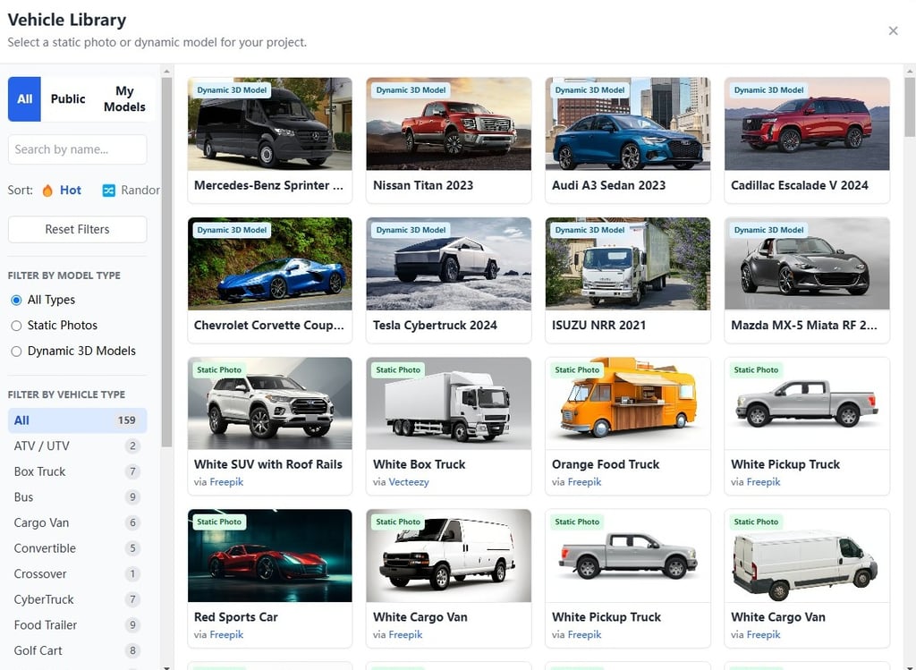 Screenshot of the WrapStudio AI Vehicle Library, showing a grid of diverse vehicles including vans, trucks, and sports cars.