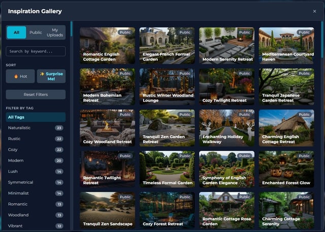 A screenshot of the YardStyling Inspiration Gallery, displaying a grid of professionally designed landscape styles like 'Modern Serenity' and 'English Cottage'.