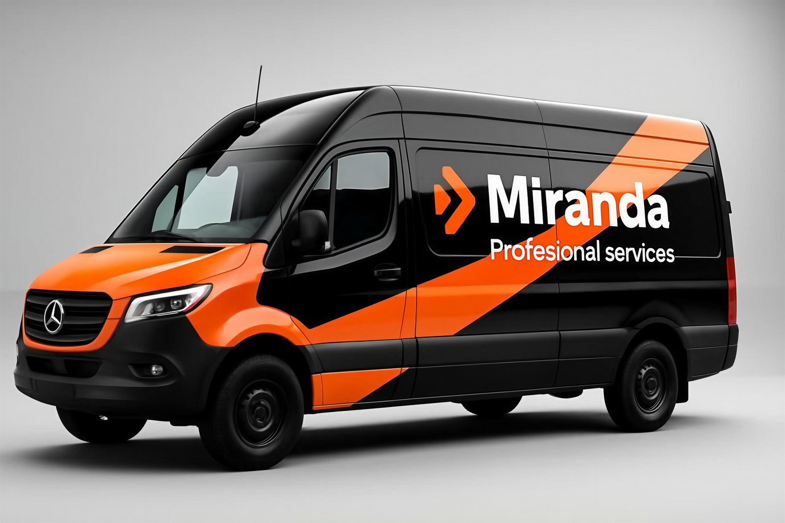 Contractor van wrap in orange and matte black with bold text