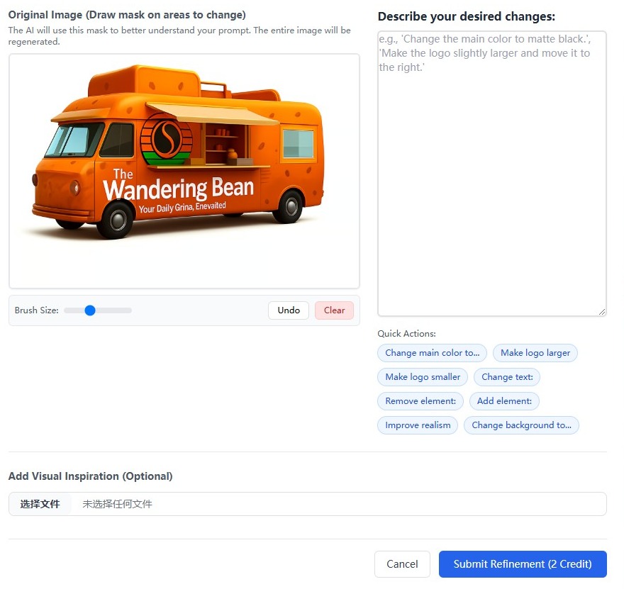 Screenshot of the WrapStudio AI Refinement Modal, showing the masking tool being used on an image.