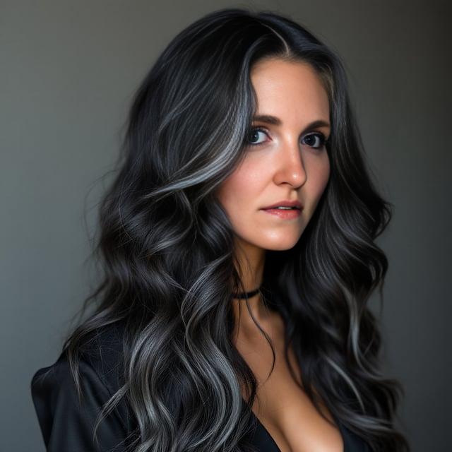 Create a realistic image with one female person only, having long wavy hair in midnight black with silvery highlights, side-swept bangs, and a full voluminous look, suitable for a bold and edgy fall look inspired by the Reputation Era.