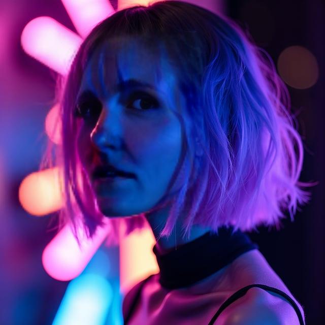 Create a realistic image with one person only, featuring a female with a sophisticated side-parted asymmetrical bob haircut that glimmers with neon violet and blue shades, tailored for a formal neon-themed occasion.