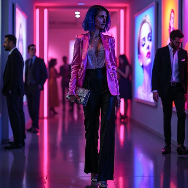 Depict a realistic image with a female person attending an upscale evening gallery opening featuring neon art. She has a sophisticated side-parted asymmetrical bob haircut with neon violet and blue shades and wears a neon pink satin blazer, black high-waisted wide-leg trousers, a neutral V-neck silk camisole with lace trim, patent leather stiletto pumps with neon accents, and silver geometric earrings. She is holding a statement clutch with metallic neon accents.
