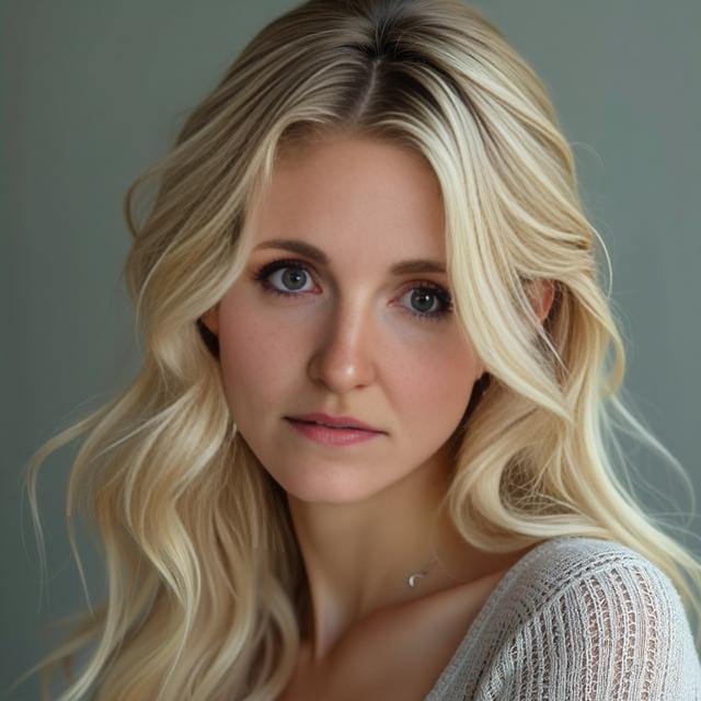 Create a realistic image with one person only, featuring a female with a heart-shaped face, fair skin, and light blonde hair styled in a deep side-parted wavy hairstyle that cascades down one shoulder.