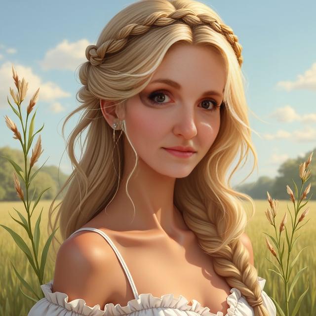 Create a realistic image with one person only featuring a female with a softly contoured face, slightly wavy blonde hair in a side-braided crown with long, gentle waves falling over her shoulders. The person should embody a springtime country aesthetic.