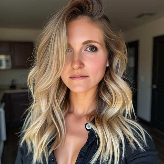 Create a realistic image with one person only, featuring a female with a face shape similar to the provided photo, with honey blonde hair styled in loose waves, a deep side part, and soft balayage highlights.