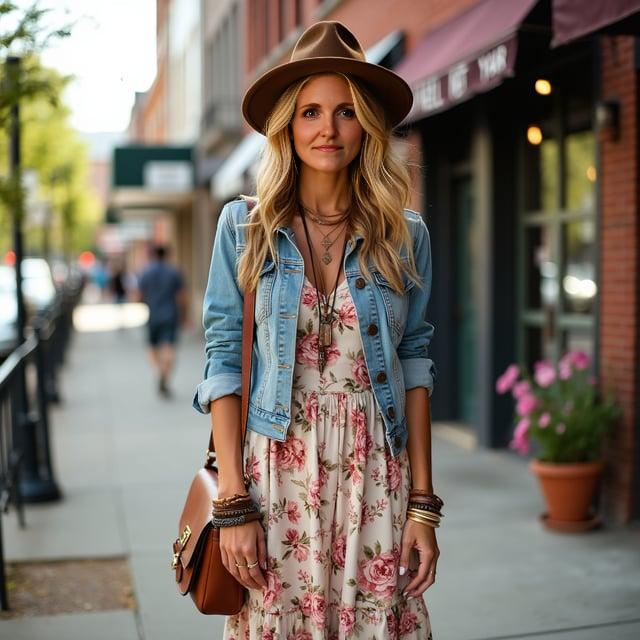 Depict a realistic image with a female person in a Nashville arts district on a warm spring day, with honey blonde loose waves hairstyle, wearing a floral print A-line midi dress paired with a fitted light-wash denim jacket, complemented by tan leather ankle boots and accessorized with a leather crossbody bag, wide-brim wool fedora hat, bohemian-style layered necklaces, and stacked bracelets.