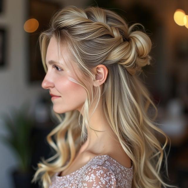Create a realistic image with one person only showing a female with light honey blonde long hair styled in a halfway updo with soft waves, subtle caramel lowlights, and a teased crown with strands from the sides twisted and pinned at the back of her head.