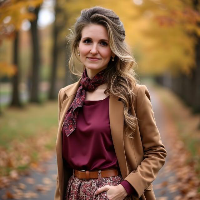Depict a realistic image with a female person at an outdoor fall family photo session, with autumn leaves backdrop, wearing a boat-neck maroon satin blouse tucked into an A-line mid-length fall floral print skirt, layered with a camel wool blazer, beige suede ankle boots, and a delicate autumnal silk scarf tied around her neck. Complement the attire with medium-sized gold hoop earrings and a thin leather belt. Style her hair in a 'Harvest Elegance Cascade', a halfway updo with soft waves cascading down her back and a slightly teased crown.