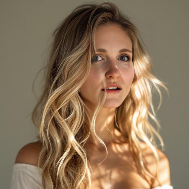 Create a realistic image with one female person only, featuring long honey blonde hair styled in loose bohemian waves. The hair should have a side parting and sun-kissed highlights, with a focus on natural, effortless beauty.
