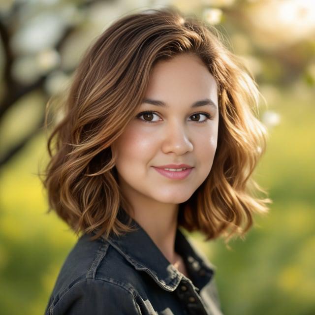 Create a realistic image with one female person only, featuring a chin-length, soft wavy bob with a side part. The hair is warm chestnut brown with golden highlights, moderately voluminous and gentle in texture, set against a spring family portrait backdrop.