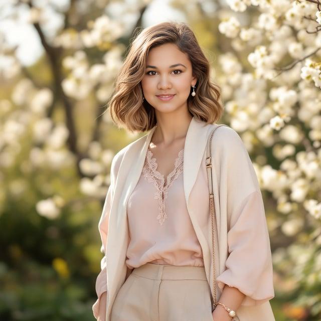 Depict a realistic image with a female person at a spring family portrait session in a sunny garden setting. She has a chin-length, soft wavy bob in warm chestnut brown with golden highlights, and is wearing a soft pastel pink blouse with lace details, high-waisted beige linen trousers, and a lightweight cream cardigan. She accessorizes with pearl stud earrings, a rose gold bracelet, and a beige crossbody bag, completing the look with beige suede ballet flats.