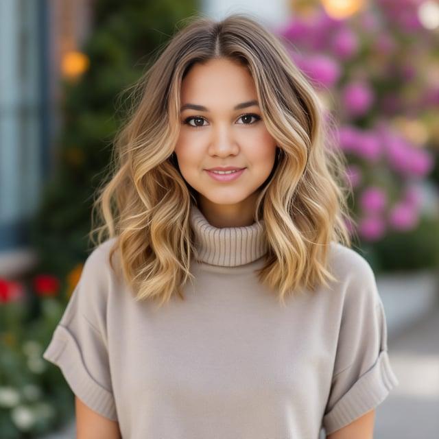 Create a realistic image with one female person only, featuring medium to long soft, voluminous waves in warm honey blonde with subtle pink highlights, styled playfully and falling elegantly. The person should appear stylish and embody a modern Barbie-inspired look.