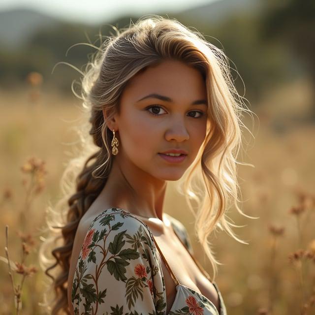 Create a realistic image with one person only, featuring a female with a similar complexion and facial structure as the provided photo, styled in the 'Savanna Sunlight' hairstyle appropriate for a formal safari outing in spring.