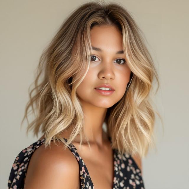 Create a realistic image with one female person only, featuring shoulder-length soft wavy hair in warm honey blonde with highlights, a chic appearance suitable for spring/summer travel.