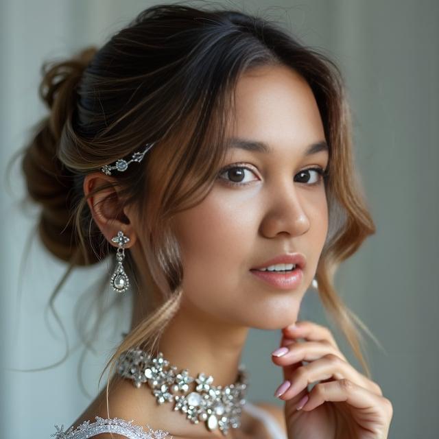 Create a realistic image with one person only showcasing a female with a chignon bun highlighted with cool-toned streaks, wispy strands framing the face, incorporating silver hair accessories, having a warm skin tone and exuding an air of sophistication suitable for a formal event in winter.