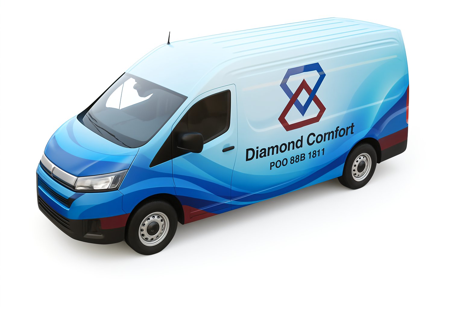 Van wrap for heating and cooling services in blue and maroon