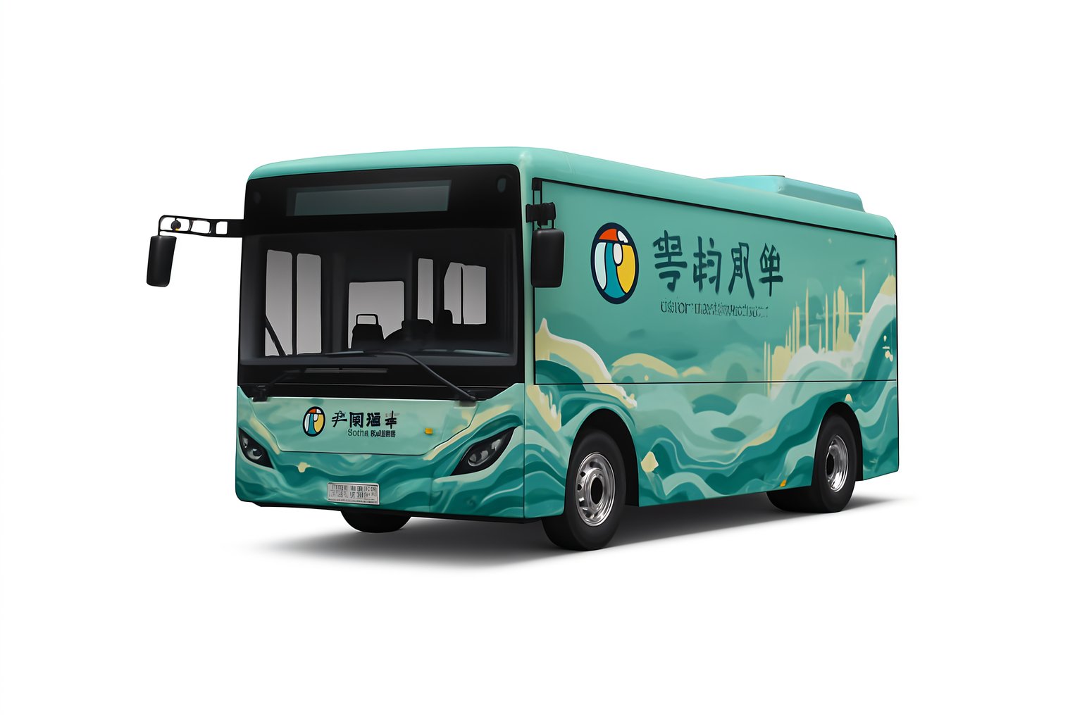 Teal Blue-Green Public Bus with Lingnan Style Design