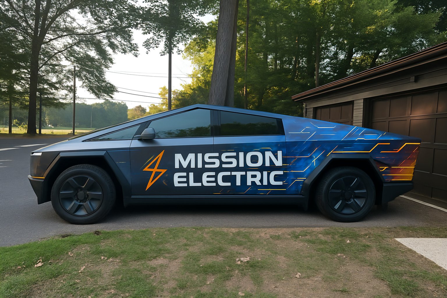 Futuristic electric truck wrap with geometric tech patterns