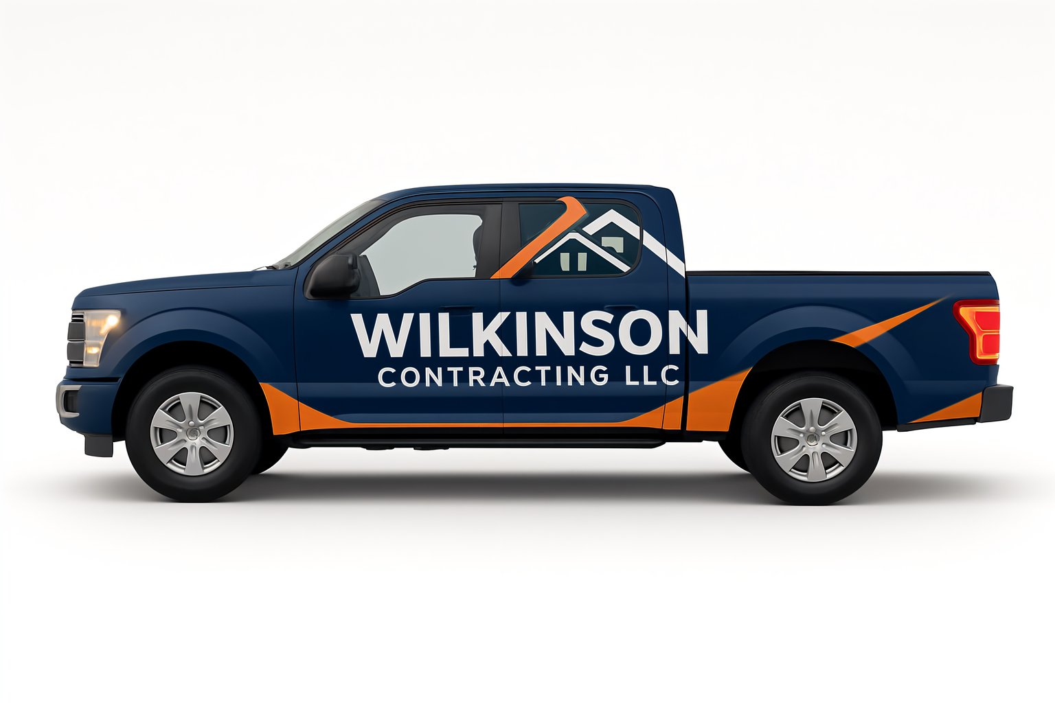 Pickup truck wrap with modern navy blue and white design