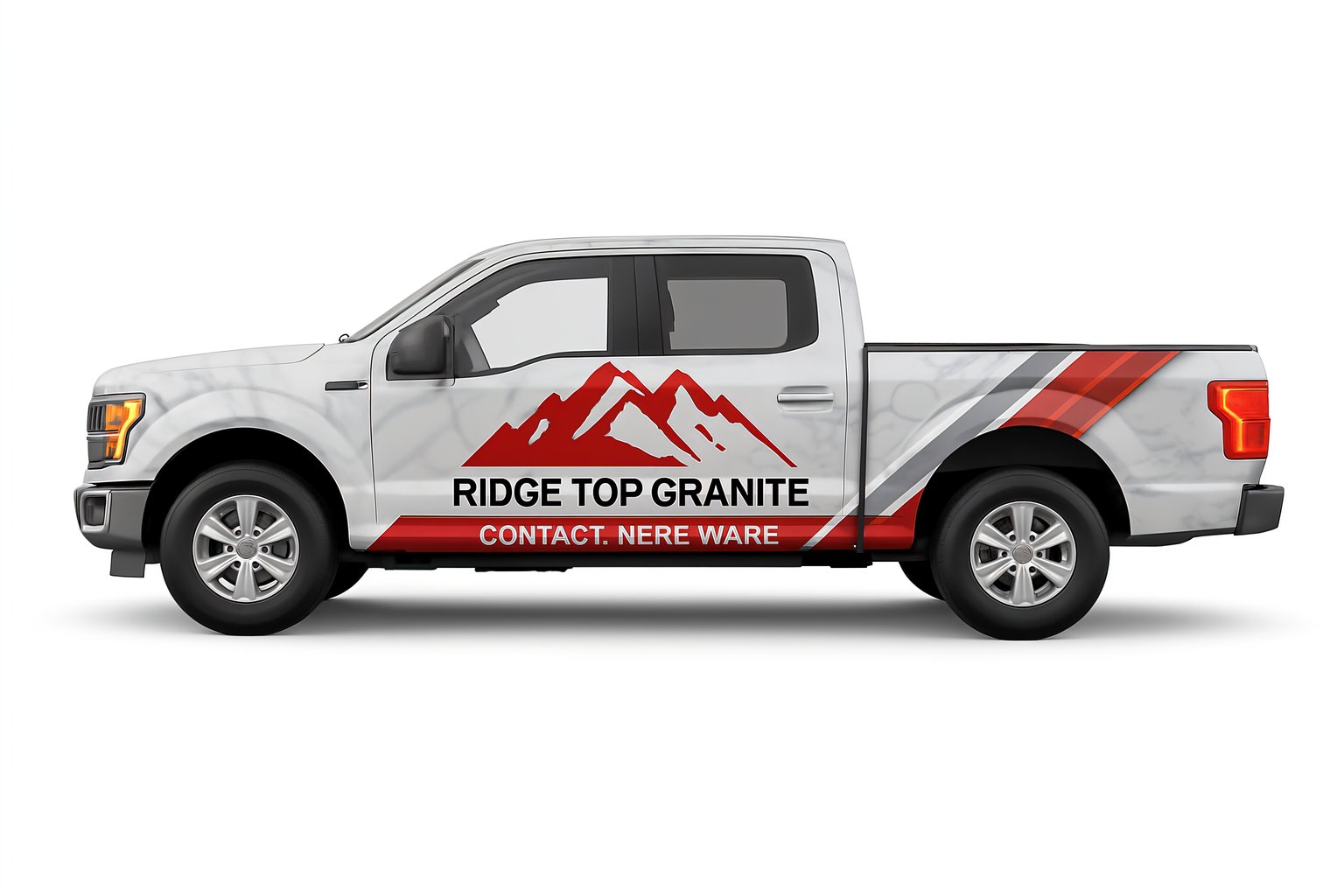White pickup truck with red and gray granite business wrap