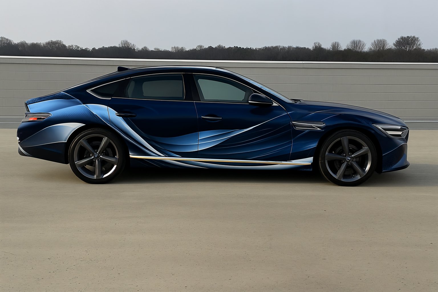 modern blue sedan with dynamic gradient waves