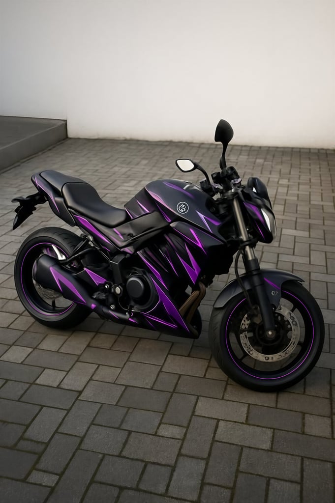 sleek motorcycle wrap with matte black and purple accents