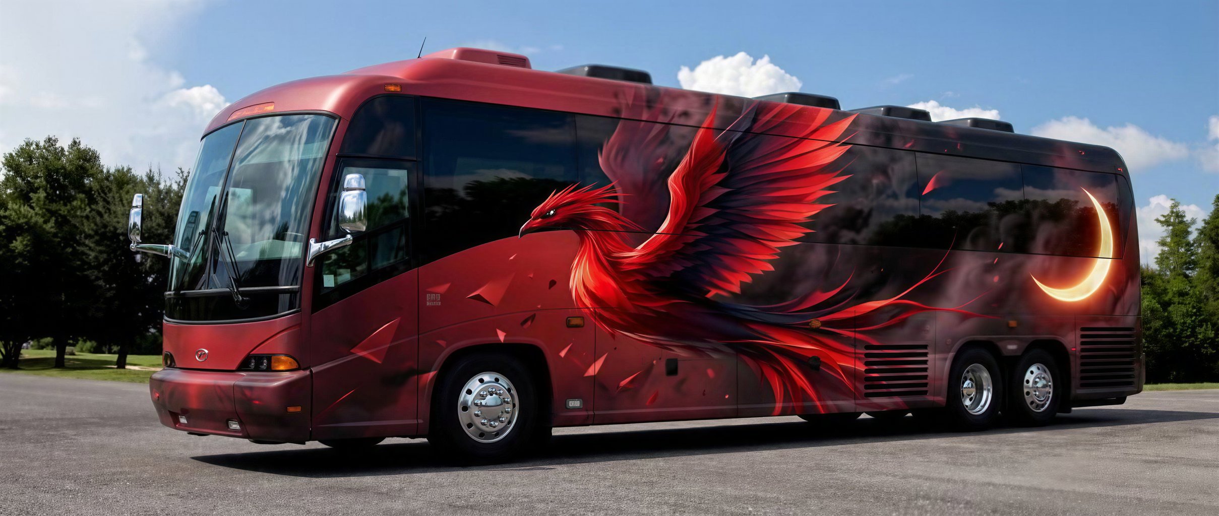 Red tour bus with dynamic phoenix and crescent moon design