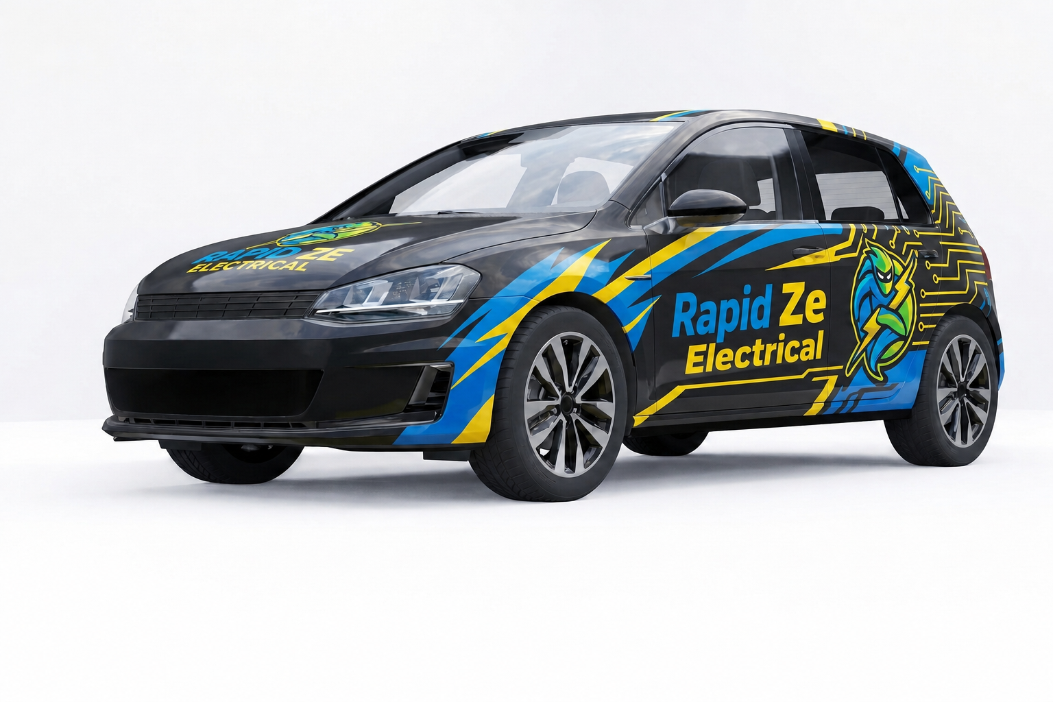 High-impact electrical service car wrap in black, yellow, and blue