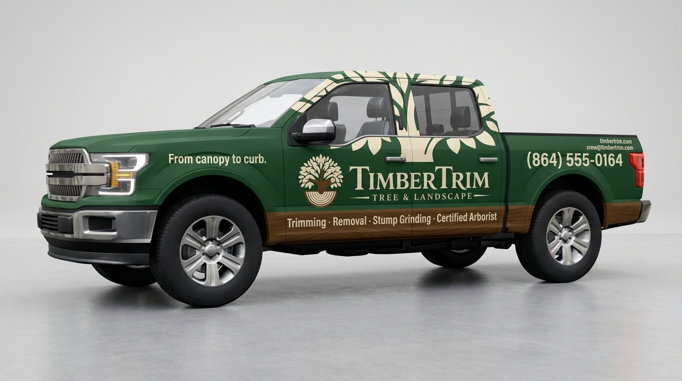 Tree service pickup with deep green and nature-inspired design