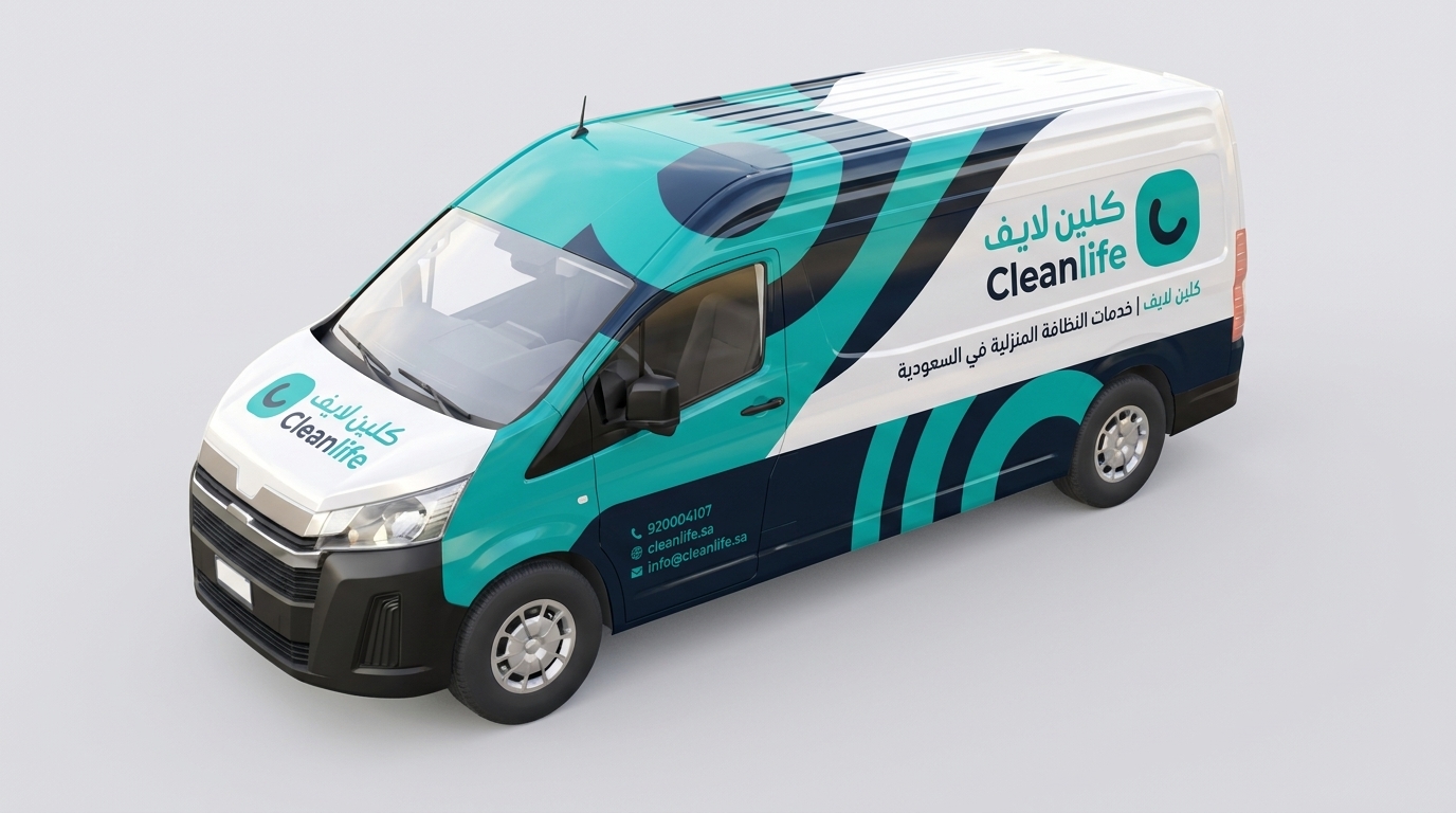 Modern cleaning services van with teal and white design