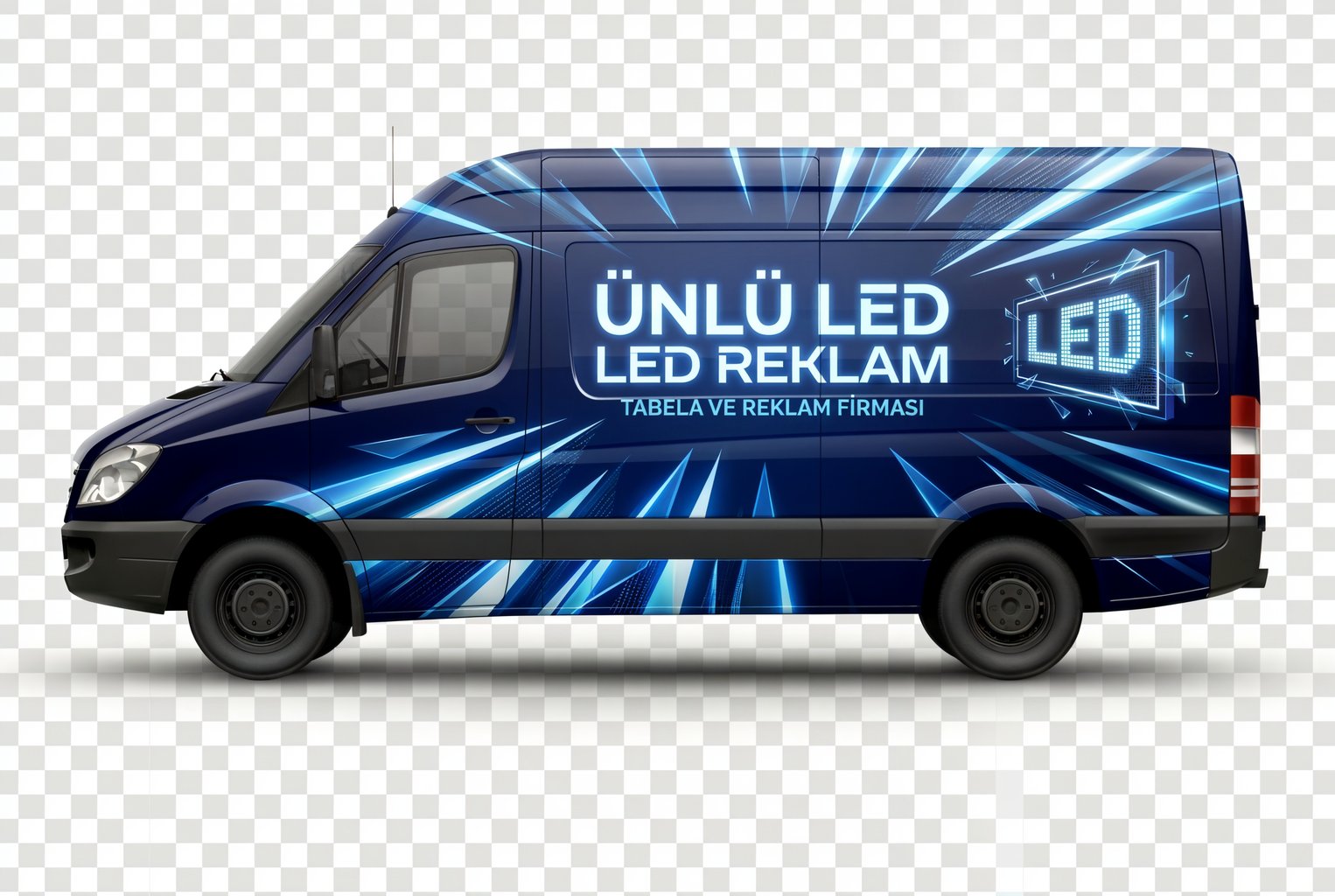 dark blue van wrap with LED signage and sharp streaks