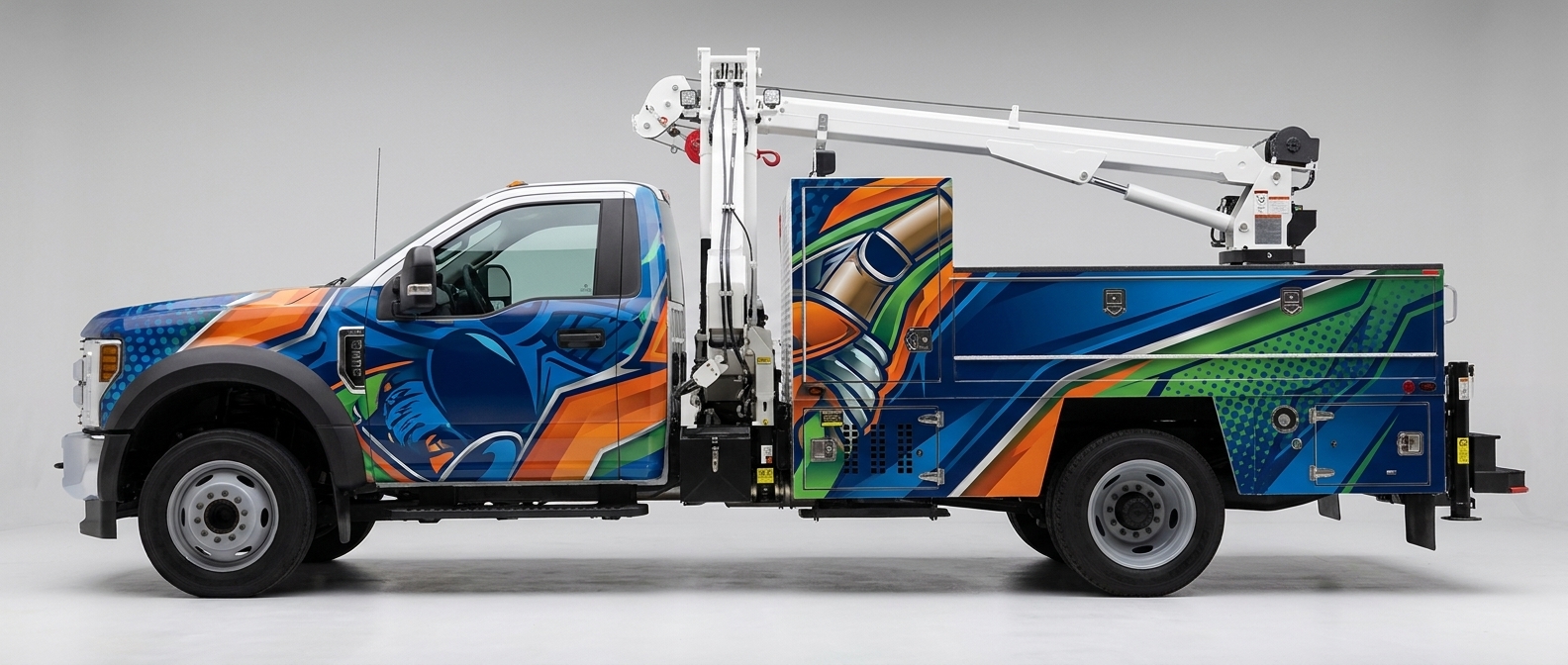 Utility truck wrap with vibrant multicolor abstract graphics