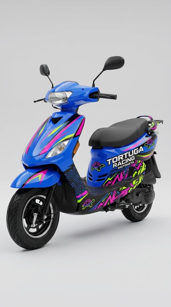 sporty racing-inspired electric scooter wrap in vibrant neon colors