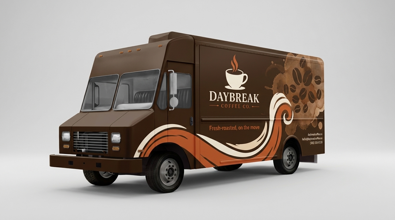 Brown coffee truck with espresso-themed wrap design