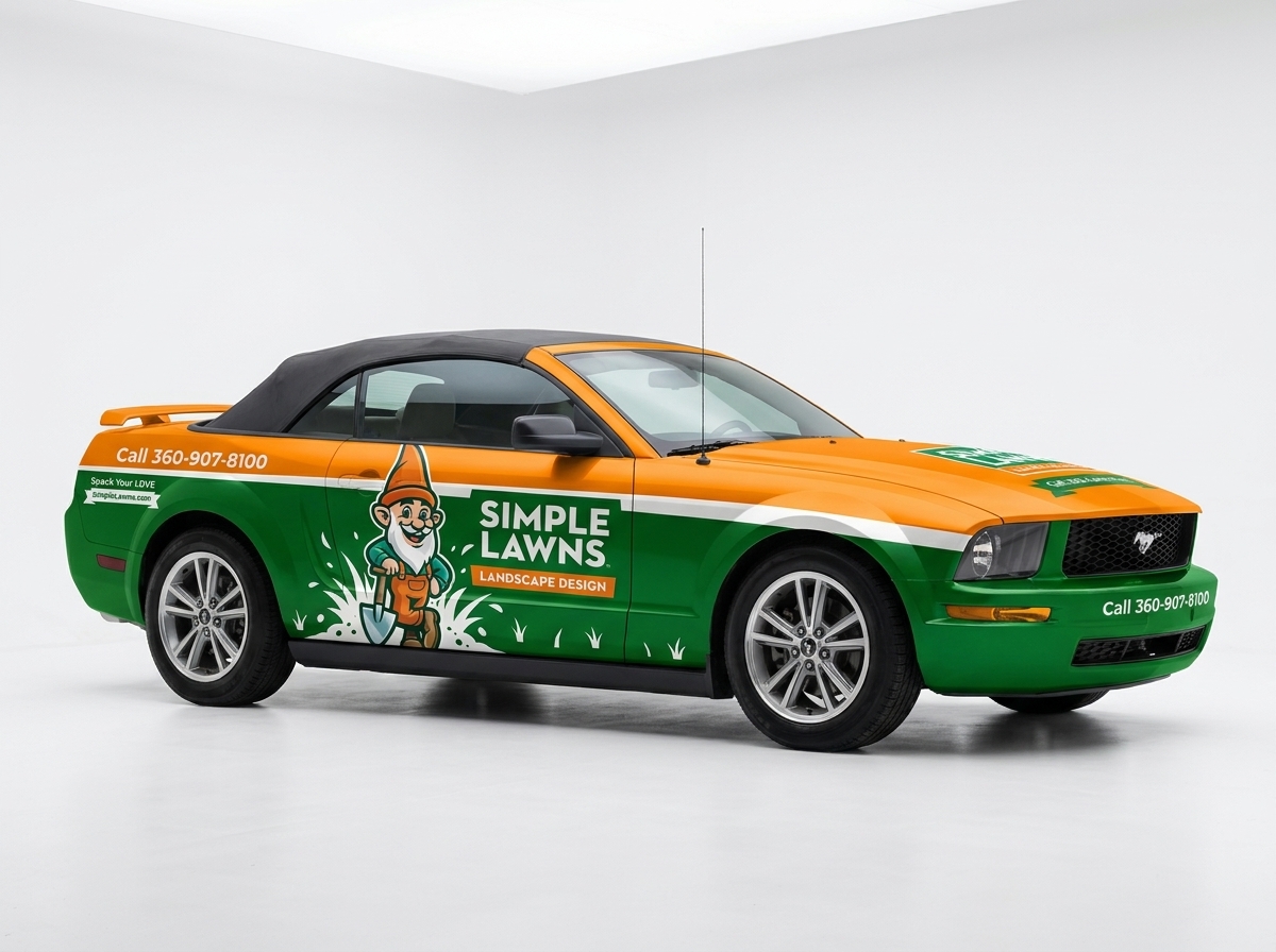 convertible with vibrant landscaping wrap in orange and green
