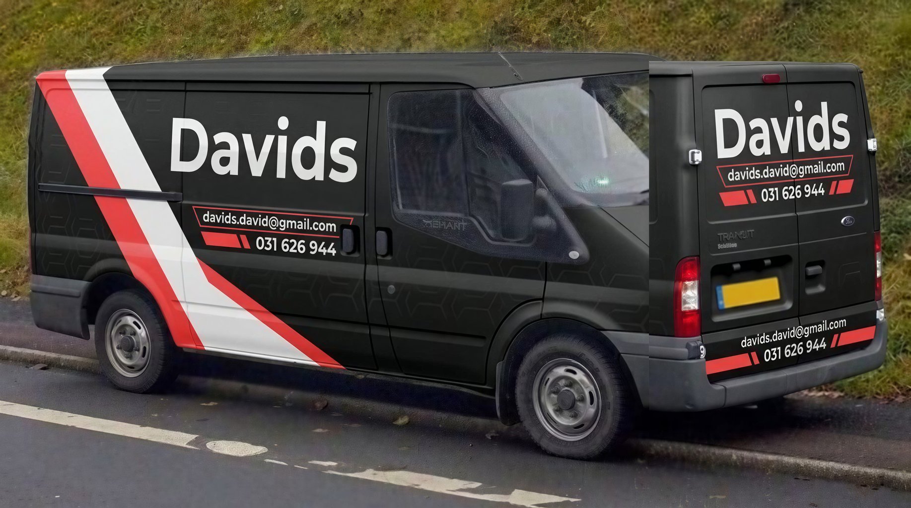 black professional van wrap with red and white accents