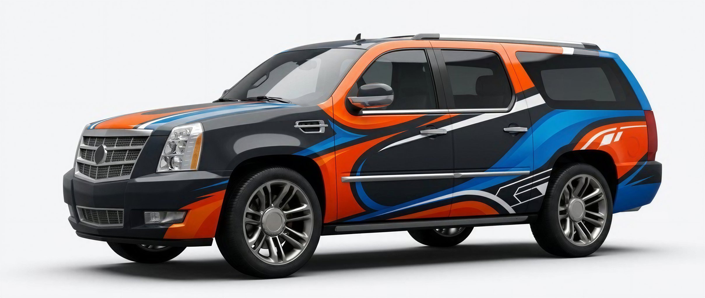 SUV with sleek blue and orange glossy abstract wrap