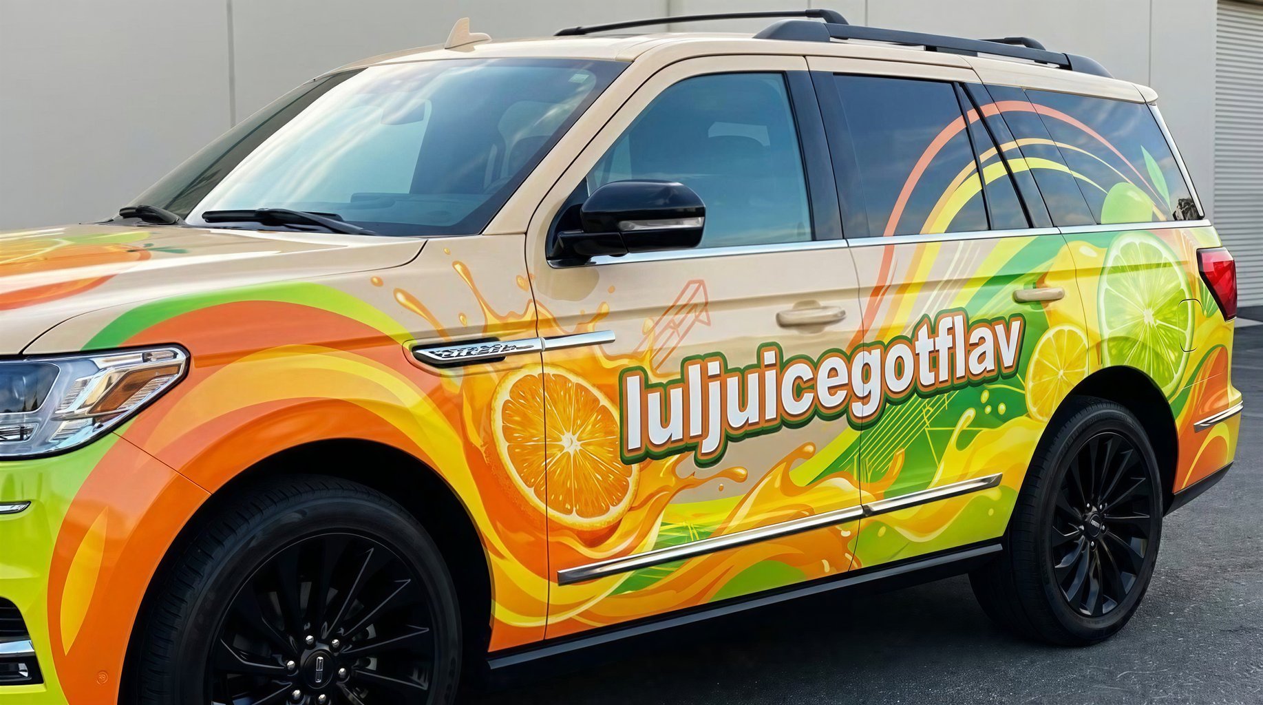 Juice Bar SUV Wrap with Citrus Design and Bold Colors