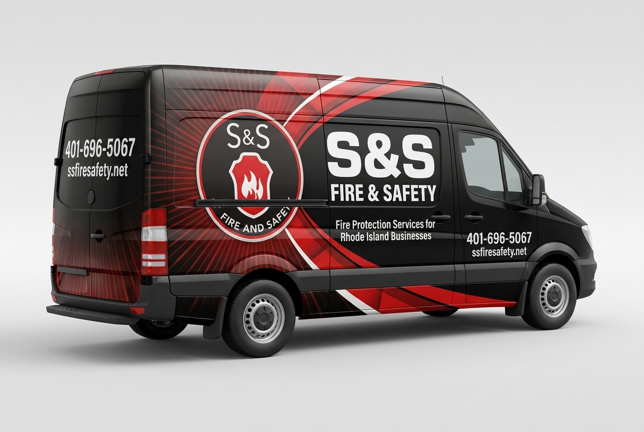 Fire protection service van wrap with bold black and red design
