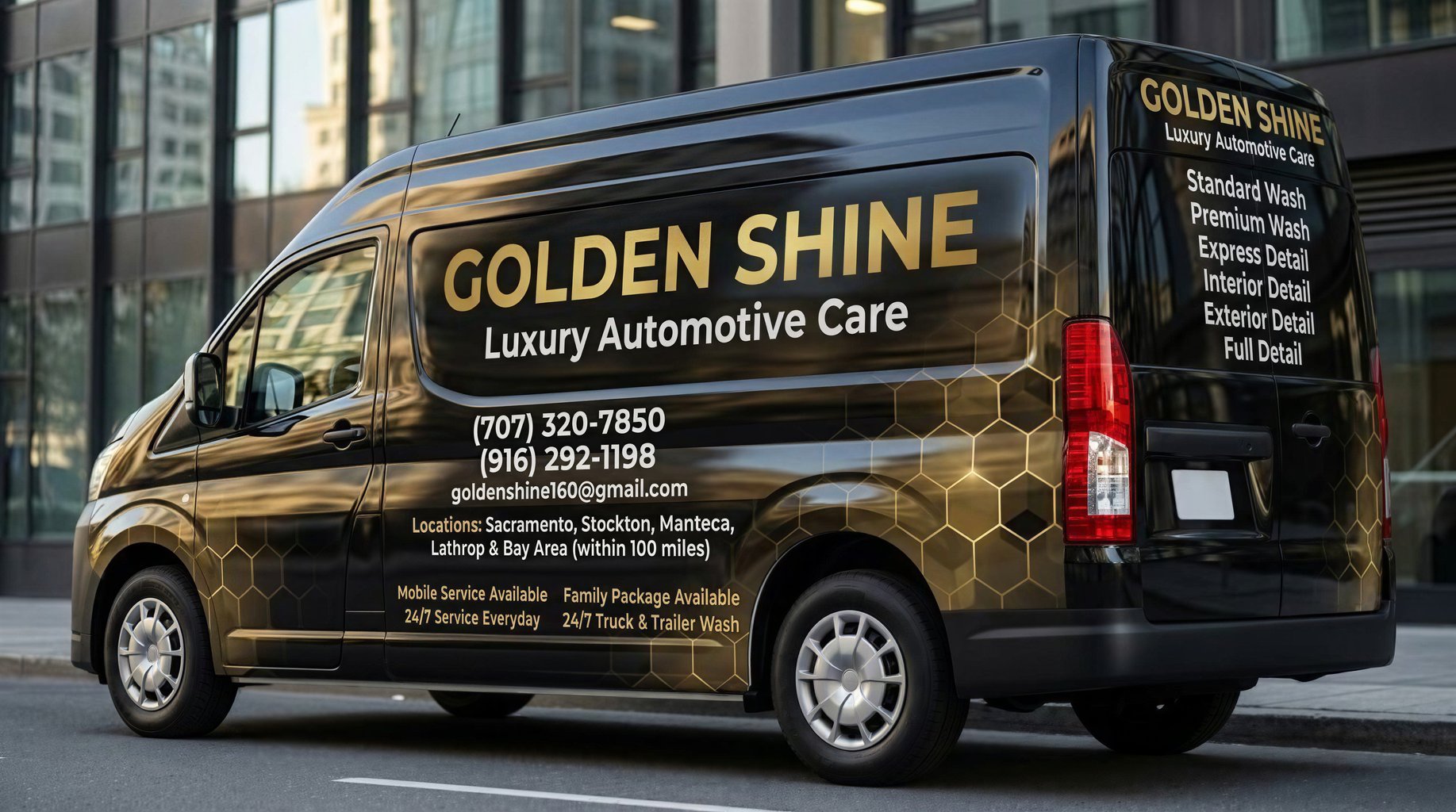 Ford Econoline van wrap with black and gold luxury design