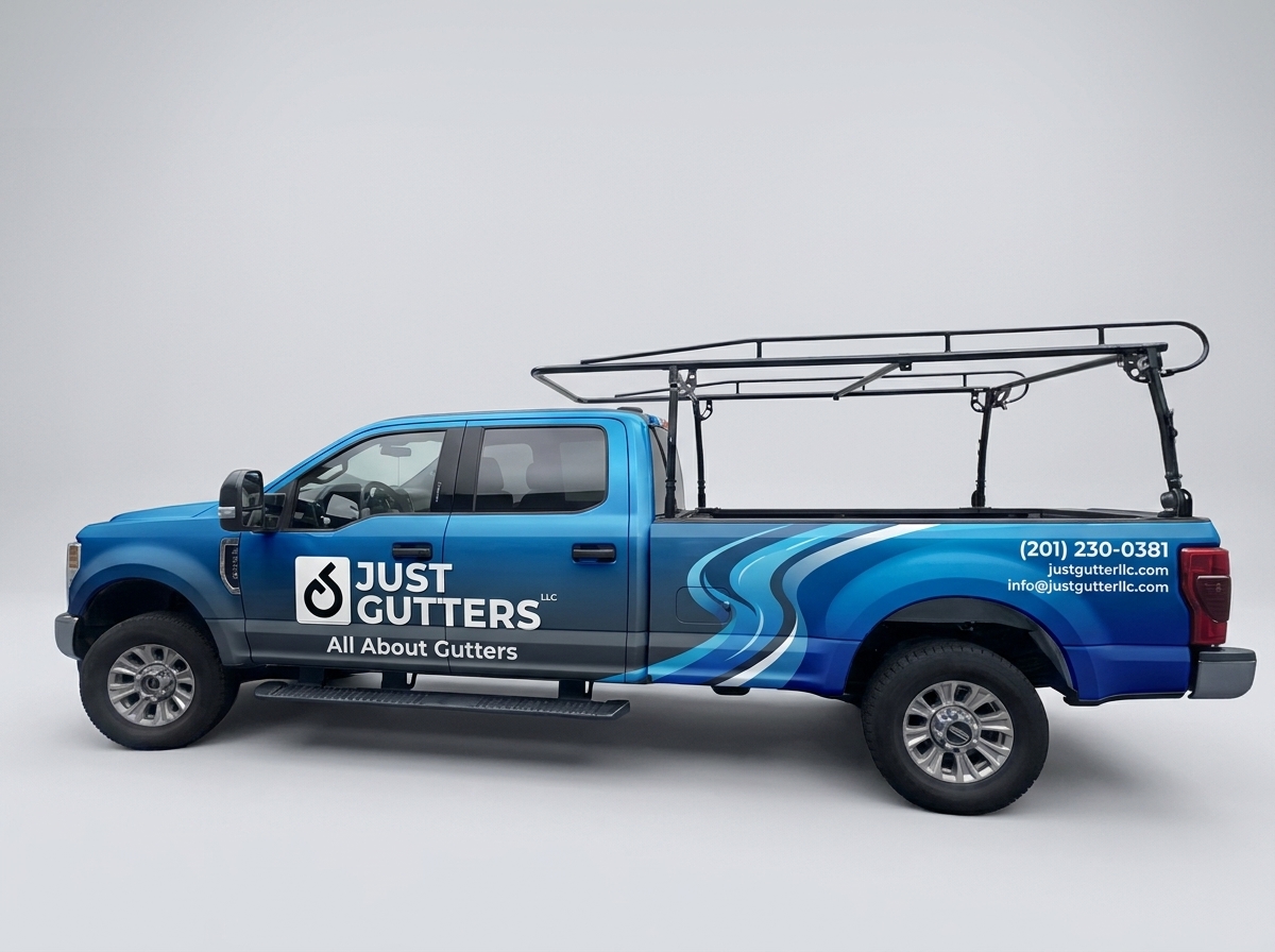 Blue Gradient Gutter Service Truck Wrap with Stylized Graphics