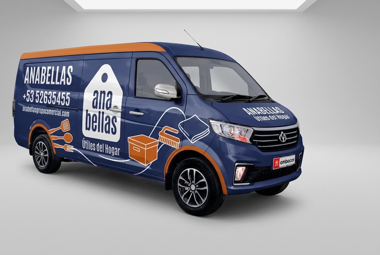 modern home goods delivery van wrap in blue and orange